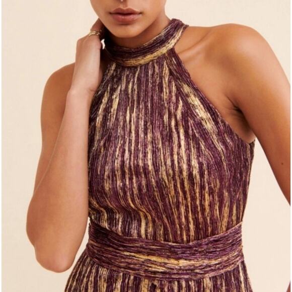 ML Monique Lhuillier Metallic Pleated Halter Midi Cocktail Dress Purple Gold 2 - Picture 2 of 14